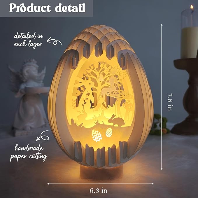 Light Up Easter Egg Bunny With USB Charging for Table Decoration - Paper Cut Easter Egg Decorations Centerpieces For Tables, Mantel, Fireplace - Religious Christian Rabbit Decor For The Home