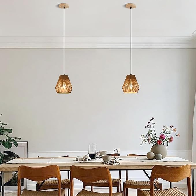 2 Pack Rattan Pendant Light Fixtures, 7'' Mini Boho Kitchen Island Pendant Lights Set of 2 Hand Woven Wicker Coastal Natural Small Hanging Light Fixture for Bedroom Dining Room Bar Hallway