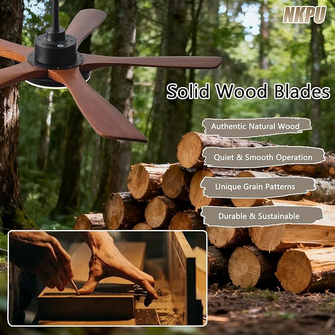 Ceiling Fans with Lights and Remote Control, 5 Solid Wood Blades, 3CCT Dimmable, Quiet DC Motor, 56 Inch Modern Outdoor Ceiling Fans for Bedroom Farmhouse Patios