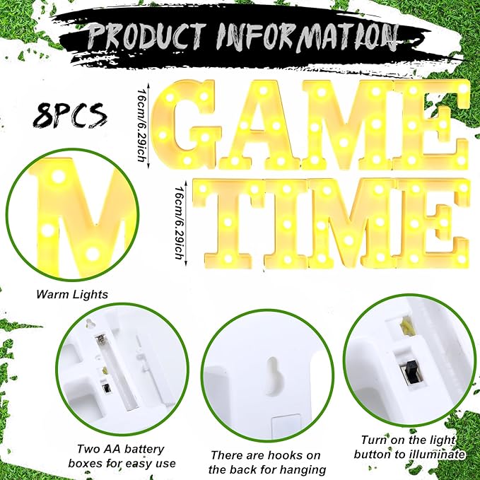 8 Pcs Football Game Time Large LED Letter Sign LED Lights Battery Powered Game Time Table Decorations for Football Theme Party Decoration