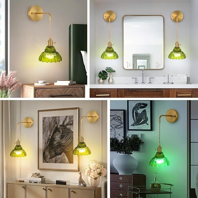 Vintage Wall Sconce Set of Two, Battery Operated Wall Sconces with Green Glass Lampshade, Wireless Wall Sconces with Remote, Rechargeable Wireless RGB Wall Lights for Bedroom Living Room etc