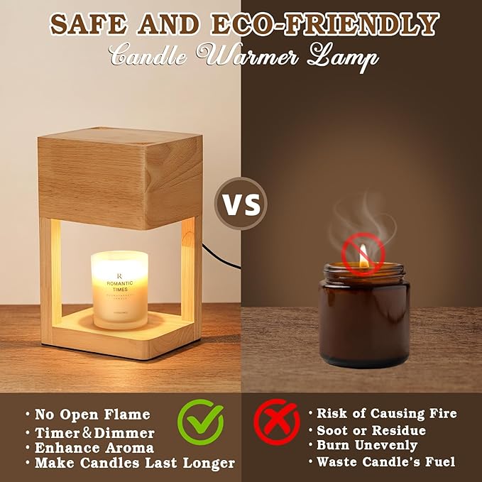 Candle Warmer Lamp Wood with Timer, Dimmable Electric Candle Lamp Warmer for Jar Candles, 2 * 35 Watt Bulb, Birthday Gifts for Women Mom, Decorative Wooden Candle Lamp for Bedroom Home Decor