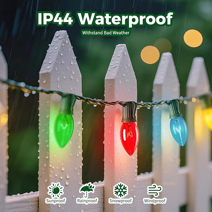 Minetom C9 Bulb String Lights Outdoor 50 Feet Multicolored Christmas Lights Green Wire for Outdoor Patio Room Christmas Tree Party Backyard Decoration, E17 Base, 50 +2 Bulbs