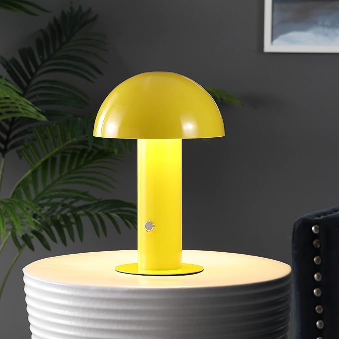 JONATHAN Y 10.75" Yellow Rechargeable LED Mushroom Table Lamp, Cordless Portable Bedside Lamp for Living Room Bedroom, 3-Way Dimmable Modern Iron Desk Light, Metal Shade (JYL7115C)