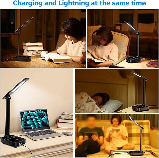 LED Desk Lamp with 4 USB Charging Ports and 2 AC Outlets,5ft Extension Cord Power Strip Station, 3 Level Brightness, Touch Dimmer Control, Office Table Eye Care Lamp Bedroom Hotel