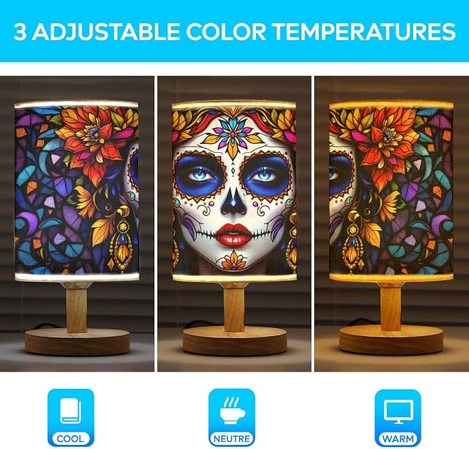 Sugar Girl Table Lamp LED 3-Color Pressed Bedside, Sugar Girl Shade Lamp with Wood Base for Bedroom Living Room Desk Office TL01