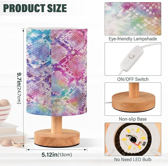 Table Lamp Colorful Tie Dye Snake Print Animal Skin Pattern Nightstand Lamp with Wood Base Fabric Lamp Shade Bedside Desk Lamp for Living Room Bedroom Kids Room Office
