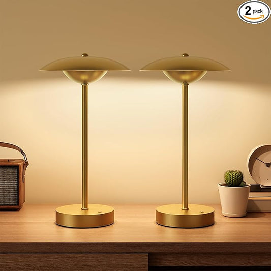 2 Pack Cordless Table Lamps, Rechargeable Battery Powered Lighting, Indoor/Outdoor Table Lamps for Patio Restaurant Home Dinner Dining Kitchen Bar Night Light Balcony,Waterproof & Wireless(Gold)