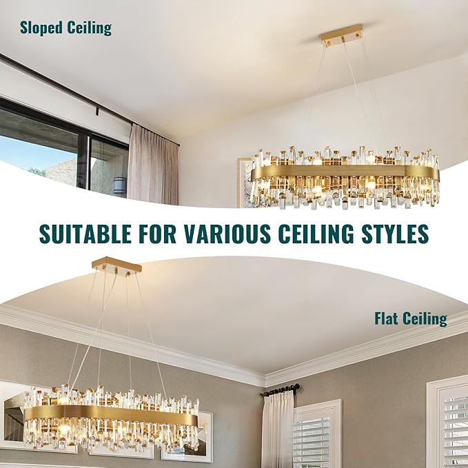 Siljoy Modern Crystal Chandelier 16 Lights Rectangular Gold 2-Tiers Raindrop Crystal Chandelier Oval Adjustable Hanging Pendant Ceiling Light Fixture for Dining Living Room Kitchen Island 35.4 Inch