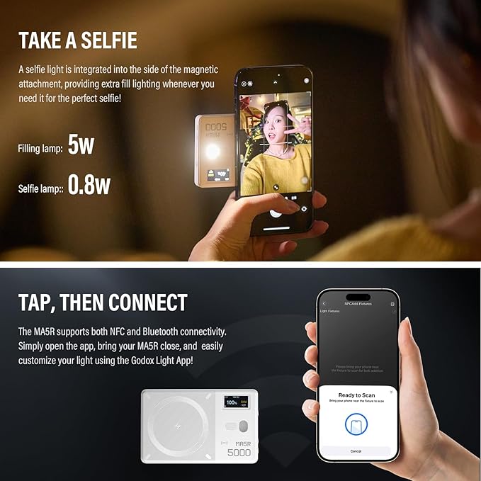GODOX MA5R LED Fill Light with Soft Diffuser Magnetic Charging Phone Selfie Lighting Mini on Camera Lights 1800K-10000K 14 FX Modes for Selfies, YouTube, TikTok, Vlogging, Video Conferences (White)