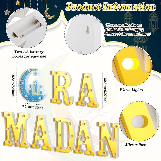 8 Pcs Ramadan Decorations Ramadan LED Letter Lights Sign Battery Powered Light up with Mirror Surface Table Decor Hanging Decorations for Party Club Restaurant Indoor Outdoor Wall Decor