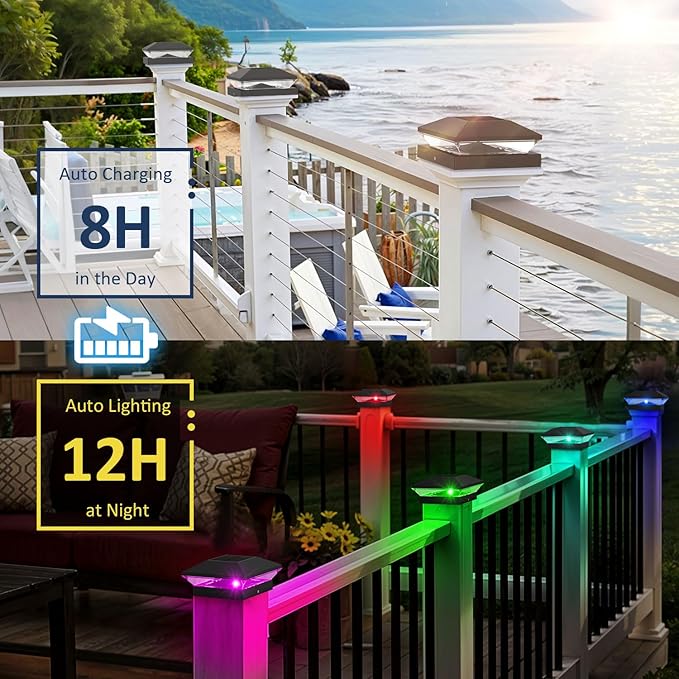 T-SUN Solar Post Cap Lights with Auto-Change Colors- for Wooden (4x4/6x6) & Vinyl (4x4/5x5) Posts | Weatherproof Outdoor Solar Fence Post Lights for Deck, Porch, Garden & Stairs(12-Pack,RGB)