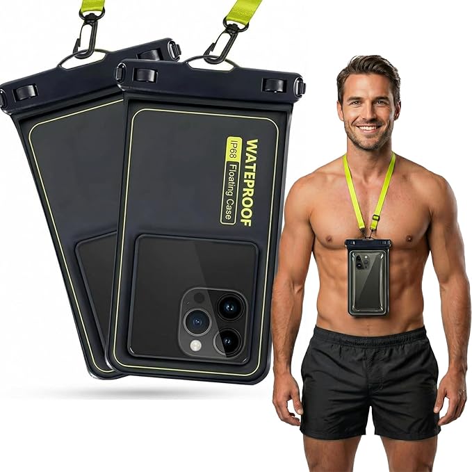 Marine IP68 Waterproof Phone Pouch, Floating Waterproof Phone Case with iPhone 17/16/15 Pro Max/ 14 Pro Max/ 13 Pro Max/ 12/ S24 Up to 7 inch, 2 Pack Black/Hi-Vis Yellow