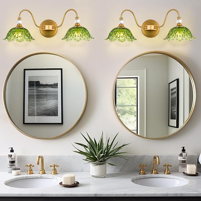 Vintage Bathroom Vanity Light, 2-Light Matte Brass Finish Vanity Light with Floral Green Glass Shades, Retro Wall Sconce for Bathroom, Dressing Table