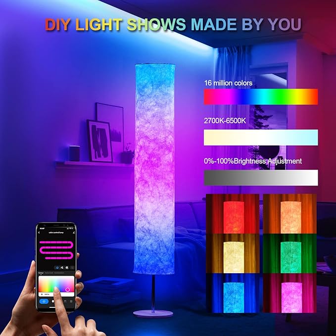 RGB Color Changing Led Floor Lamp, Smart Lamp with Alexa Voice Control, Remote & WiFi APP Control, Music Sync and White Fabric Shade, Standing Lamp for Living Room Bedroom Game Room