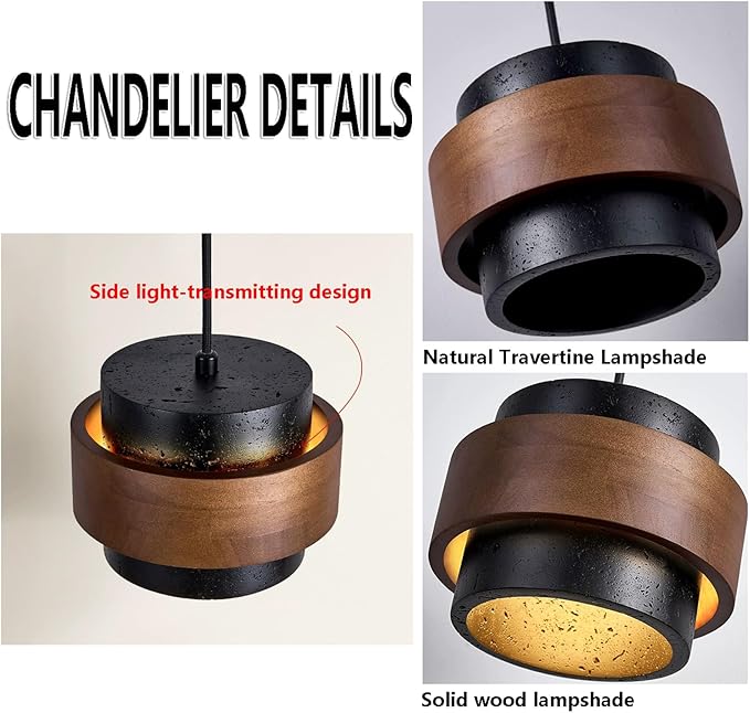 Nordic Natural Travertine Pendant Light Wabi-sabi Stone Chandelier Retro Industry Hanging Ceiling Lamp for Bedroom Bedside Study Dining Table Lighting (Black)