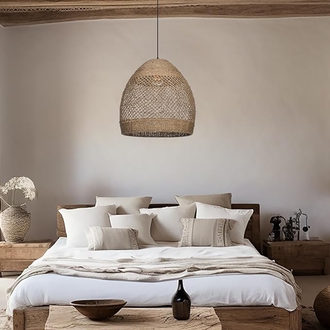 Arturesthome Large 23.6in Rustic Rattan Pendant Light,Basket Hanging Light Ceiling Lamp for Dining Room, Farmhouse Wicker Chandelier for Living Room Foyer Bedroom Hallway