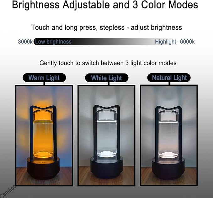 Cordless Table lamp Rechargeable Portable Metal Touch Small Desk Lamp,Indoor/Outdoor Battery Operated LED Night Light,3Color Stepless Dimming Crystal Lantern Suitable bedrooms,Bars,cafes,Camping,Black