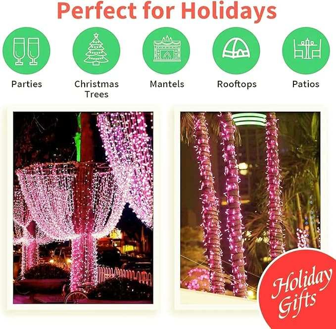 LAMPHOME 200 LED Pink Valentine Lights, 66ft 11 Modes Valentine Room Lights Green Wire,Connectable Plug in Pink Christmas String Light Indoor Outdoor for Christmas Bedroom Valentines Party