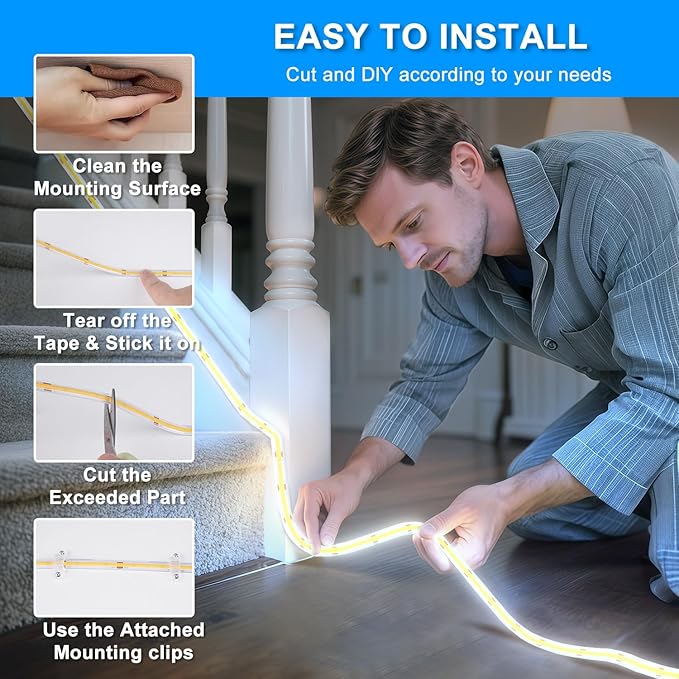 OMIKA 33FT Super Bright 3200LEDs COB LED Strip Lights Outdoor Waterproof, 6000K Cool White Plug in Rope Light Tape Light Flexible with Self-Adhesive Timer Dimmable for House Garden Camping DIY