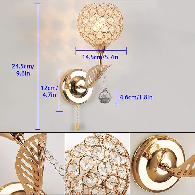 Modern Crystal Wall Light Pendent Lamp Chrome Finish Bedroom Sconce Lighting Fixture with Pull Cord Switch, E14 Socket (Gold)