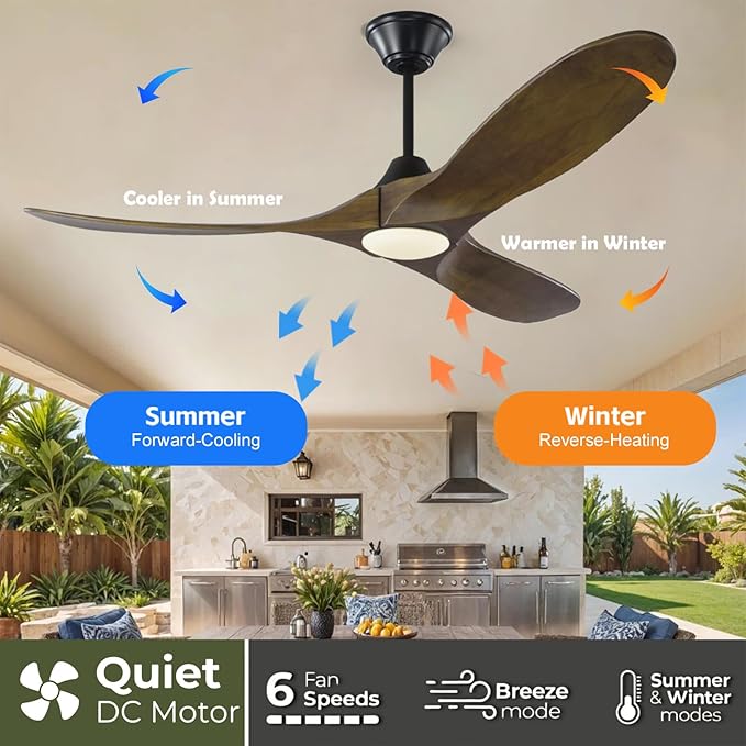 60 Inch Outdoor Ceiling Fans for Patios with Light, Smart Wood Ceiling Fan Alexa Wifi Control, Rustic Farmhouse 3 Blade Propeller Style, High CFM Quiet DC Motor, for Indoor Exterior, Black and Walnut