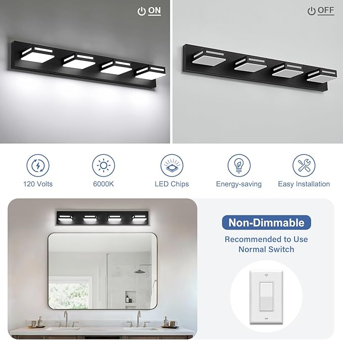 30-Inch 4-Light LED Modern Black Bathroom Vanity Light Fixtures Over Mirror, Bathroom Lighting Fixtures with Cool White 6000K, Vanity Wall Lights for Bath Restroom Powder Room