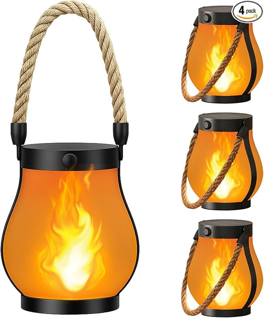 Hompavo Gen2 Solar Lanterns Outdoor with Ultra-Real Flame, Dual Charging (USB/Solar) & 2 Modes - Waterproof Decorative Hanging/Table Lights for Yard Patio Garden Gift Halloween Christmas Decoration, 4