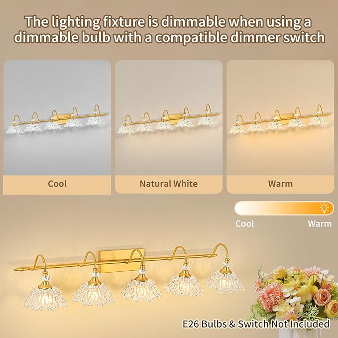 Gold Bathroom Vanity Light, 5-Light Brushed Gold Finish Vanity Light with Floral Clear Glass Shades, Vintage Wall Mount Lighting for Bathroom, Dressing Table