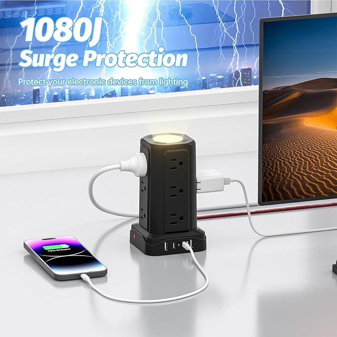 PASSUS Power Strips with Surge Protection, Flat Plug Power Strip with 12 Outlets 4 USB Ports, Charging Tower 1625W/13A 6FT Braided Extension Cord with Multiple Outlets Office Supplies Dorm Essentials