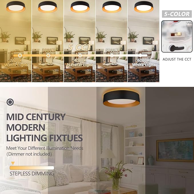 Bargeni Flush Mount Ceiling Light,12.5 inch LED Ceiling Light with Night Light,Matte Black with Gold Inside,24W/2700K/3000K/4000K/5000K/6000K/5CCT Selectable,Light Fixtures Ceiling Mount for Bedroom