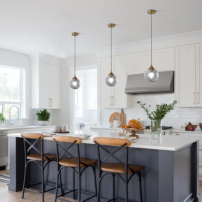 KCO Lighting Modern 1-Light Globe Pendant Light Mid Century Large Single Smoke Glass Hanging Light Brushed Brass Adjustable Pendant Light Fixture for Living Room Kitchen Island