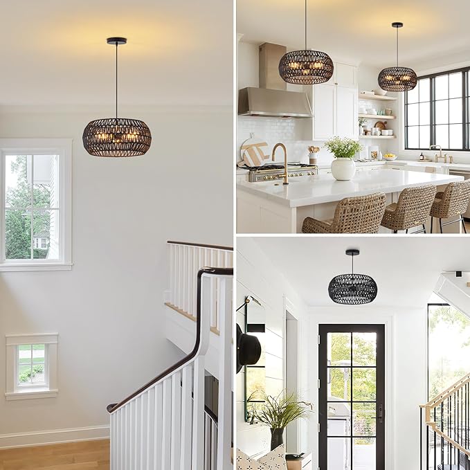 Black Boho Hanging Light Fixture Rattan Chandeliers Drum Pendant Lights for Dinning Room Wicker Chandelier Ceiling Hanging Light Basket Woven Chandelier for Bedroom Hallway Entrance Kitchen Island