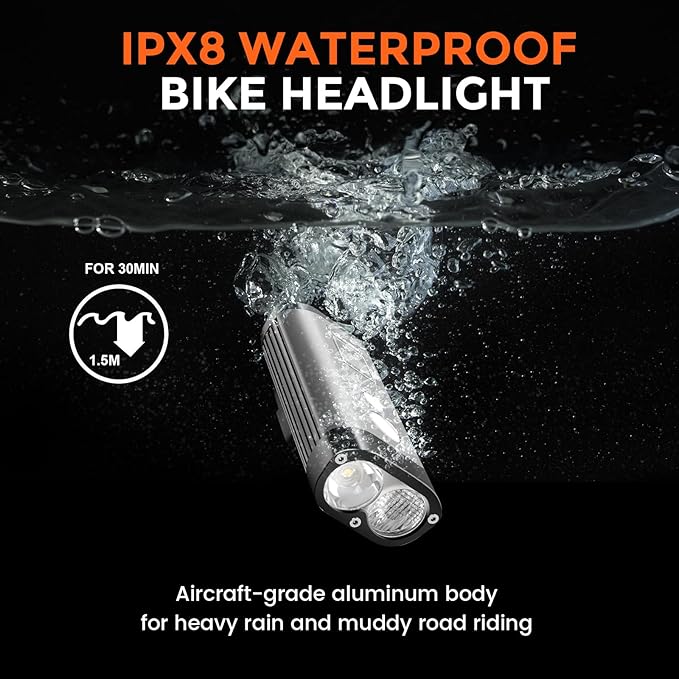 RAVEMEN PR1400 Rechargeable Bike Light, 1400 Lumens Light for Bike with Dual Lens, LED Display, IPX8 Waterproof Bike Front Light for Mountain Biking, Night Riding