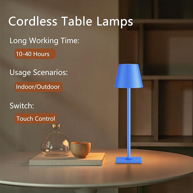 2 Pack Rechargeable Table Lamp - Cordless LED Lamp with 6000mAh Battery Operated LED Desk Lamp, Portable Table Light Outdoor for Dinner Patio Restaurant Bar Bedroom Coffee Shop Night Light(Blue)