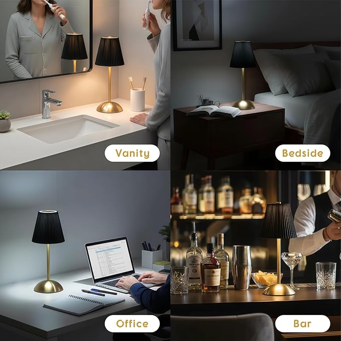 2-Pack Rechargeable Cordless Table Lamps, 3CCT & Stepless Dimming, LED Wireless Lamp with Touch Control for Bedside Nightstand, Dining Table, Outdoor Patio Use, 4.5" W x 11.5" H (Black)