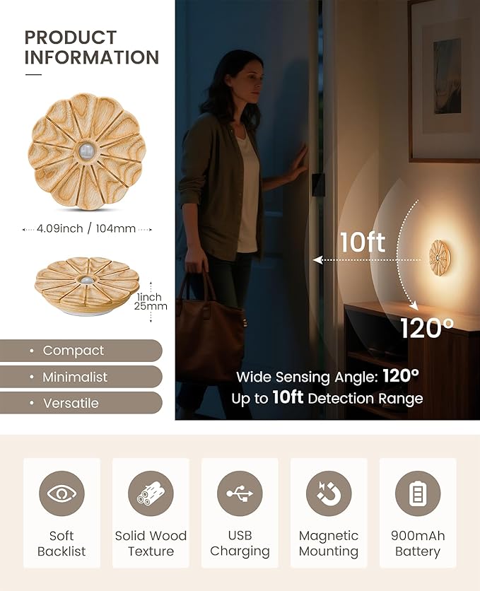 Night Light Wooden Carved Flower Mini USB Rechargeable Motion Sensor Nightlights Magnetic Wall Light for Hallway, Bedroom, Living Room, Stair, Ash Wood