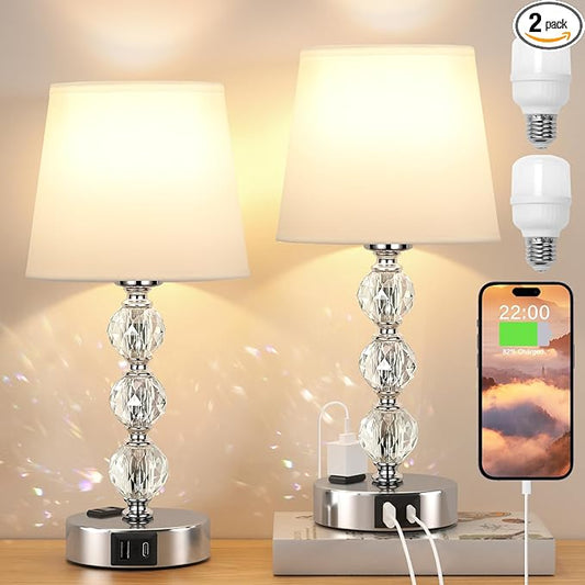 Acaxin Crystal Table Lamp Set of 2 for Bedroom/Living Room, 14.6in (White)