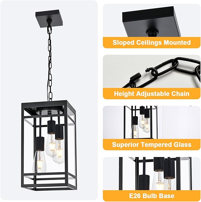 3-Light Outdoor Pendant Lights for Porch, Black Outdoor Chandelier 16'' Large Exterior Hanging Porch Light Fixtures with Clear Glass, Waterproof Outside Pendant Lantern for Garage Foyer