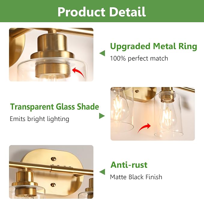 Ascher 4-Light Bathroom Light Fixtures, Modern Vanity Lights Over Mirror, Gold Wall Lamp with Clear Glass Shade for Bathroom Mirror Hallway Cabinet Porch Living Room
