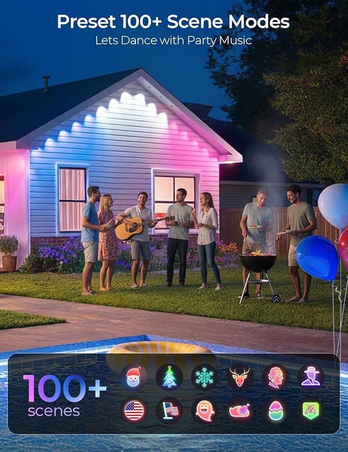 Smart Permanent Outdoor Lights Pro, 100ft 60LED RGB+IC+Warm/Cool White for Daily, 100+ Scene Modes, Waterproof Eaves Light for Halloween Christmas Decor, Works with Alexa, Google Assistant
