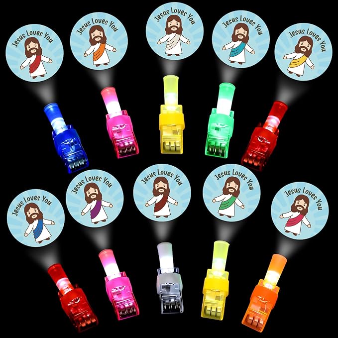 Tuanse 50 Pcs Christian Easter Gifts for Kids Jesus Loves You Finger Lights Bulk Easter Sunday School Church Gifts Glow in The Dark Christian Bible Finger Lights for Egg Stuffers Religious Baptism