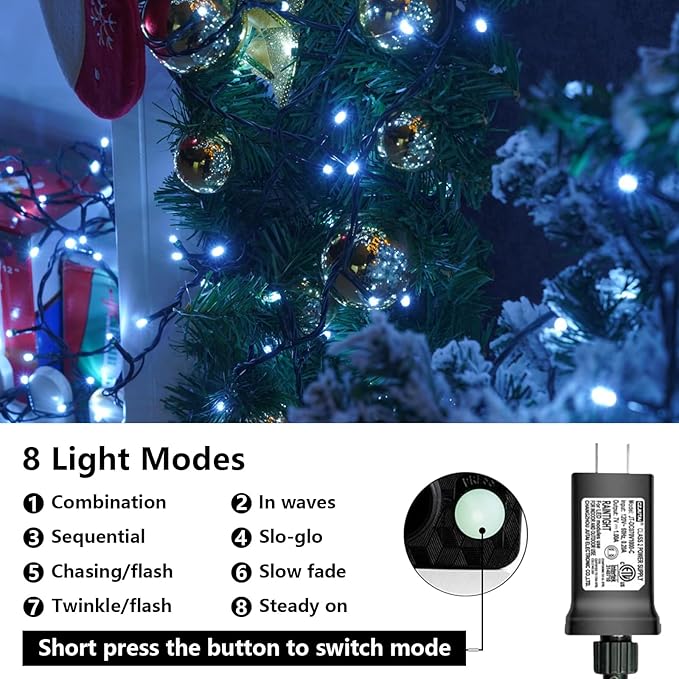 QITONG 500 LED 165ft Christmas White Lights, String Lights Outdoor Waterproof with 8 Modes, Green Wire Plug in Twinkle Light Indoor