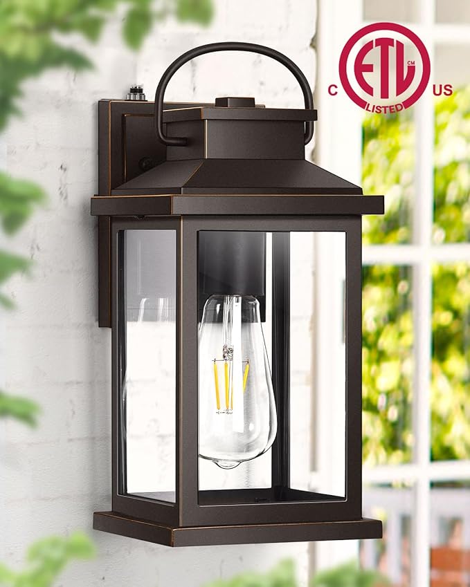 VIANIS Outdoor Porch Lights for House, Farmhouse Oil Rubbed Bronze Gold Trim Exterior Light Fixtures Wall Mount Sconce, Anti-Rust Dusk to Dawn Outdoor Lighting Lantern for Garage, Front Patio, 2-Pack