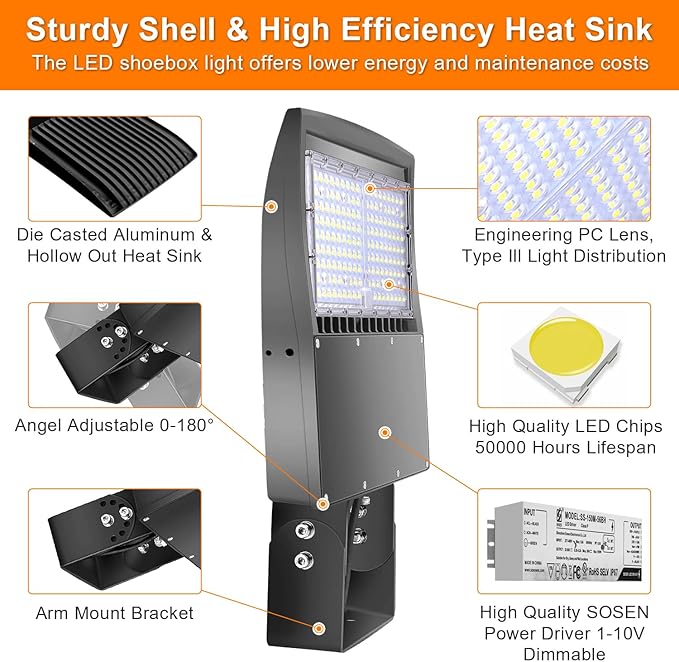 480V 150W LED Parking Lot Light, 21000LM LED Shoebox Street Flood Light (500W MH/HPS Equiv.), 5000K Dimmable Commercial Area Lighting with 20KV Surge Protection, IP65 277-480V UL&DLC Listed