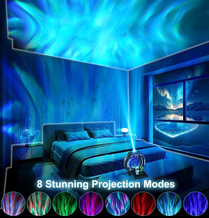 Northern Lights Projector with Plasma Ball Lamp, White Noise, Music Speaker, Alarm Clock & Remote, Stargate Astronaut Galaxy Aurora Night Light Projector for Bedroom Gaming Birthday Valentines Gifts