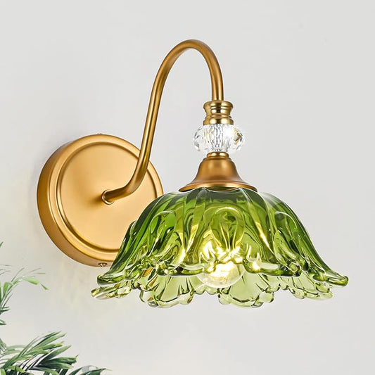 1 Piece Vintage Wall Sconce with Floral Green Glass Shade, Matte Brass Finish Wall Sconce for Bathroom, Vintage Bathroom Vanity Light Fixture