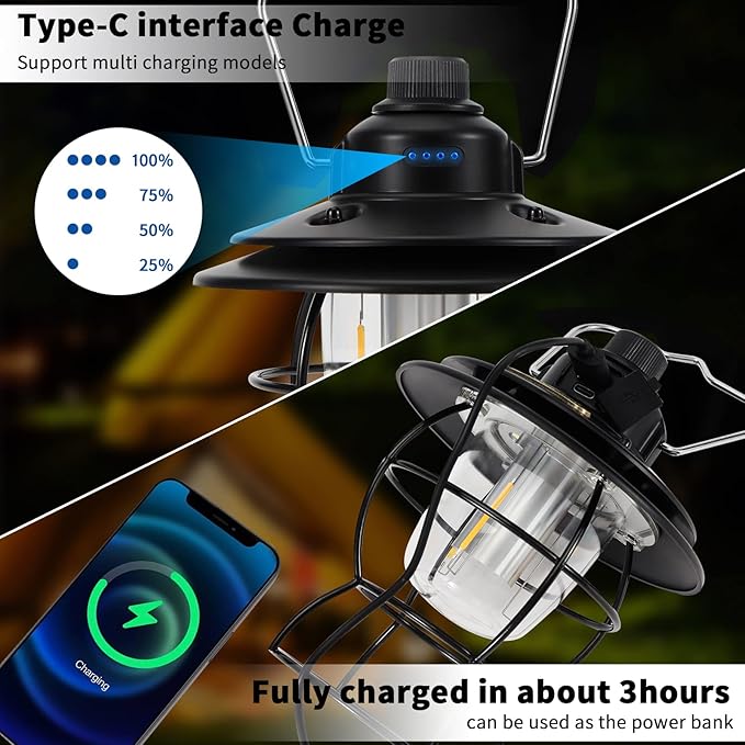 LED Camping Lantern Rechargeable,Vintage Lanterns for Power Outages,Retro Style,3 Light Modes with Dual Lamp Beads,Stepless Dimming,Portable Hanging Tent Light for Hurricane,Emergency,Indoor(Black)