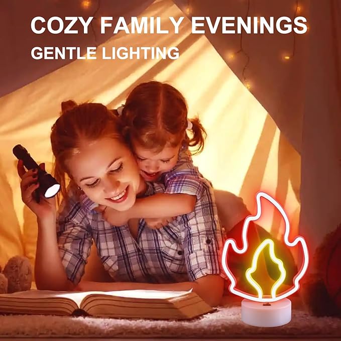 Fire Flame Neon Sign with Base, LED Fire Neon Lights for Room Decor, USB & Battery Powered Table Lamp Flame Led Light Sign for Home, Bedroom, Party, Birthday, Christmas Decor, Kids Gift