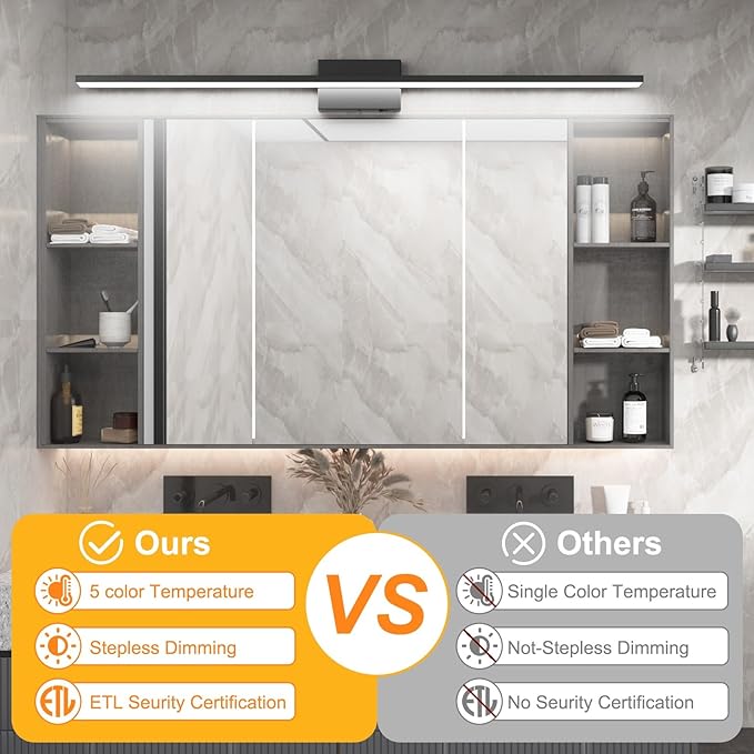 Ralbay 5 Color Temperature Dimmable Mdoern Black Vanity Light for Bathroom Lighting 48inch 36W Acrylic LED Modern Black Bathroom Wall Lighting Fixtures Over Mirror